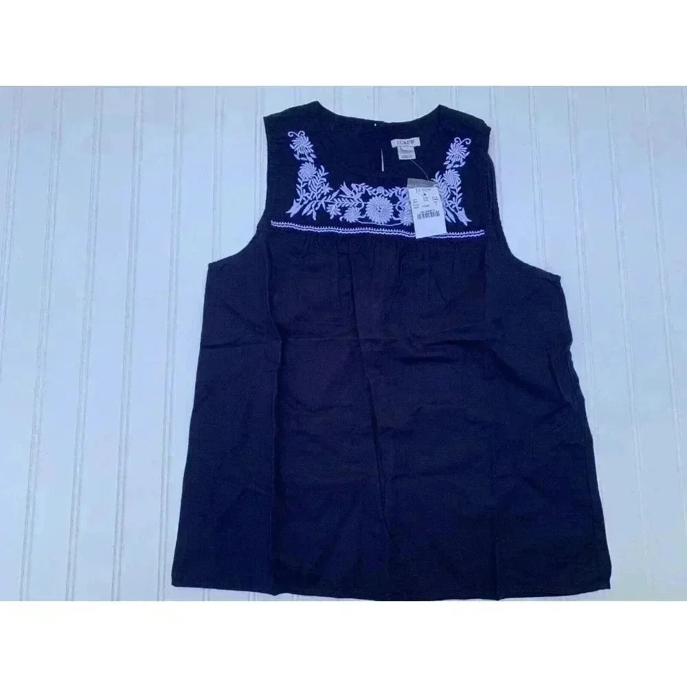 J CREW Embroidered Cotton Linen Shell Tank Navy Blue 2 NEW 628 - Picture 2 of 4